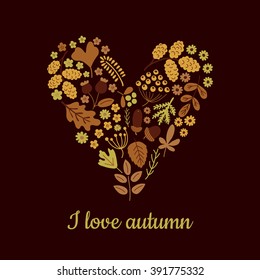 vector template of greeting card with I love autumn text and seasonal berries and leaves