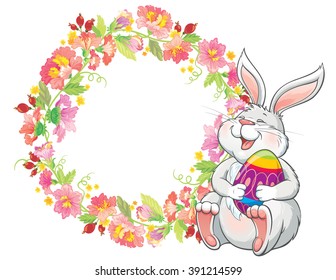 Vector template of greeting card with lovely easter bunny and spring flower frame.