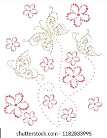 Vector template for greeting card with many dots. Wedding invitation with butterfly and flowers. Volume picture to create a card for the holiday. Dotted art for laser cutting.