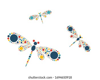 Vector template for greeting card with many color dots. Invitation with dragonflies. Dotted art for laser cutting. Dragonfly shape drawn with many color dots at white background.