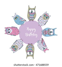 Vector template greeting card with owls.