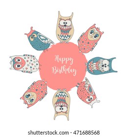 Vector template greeting card with owls.
