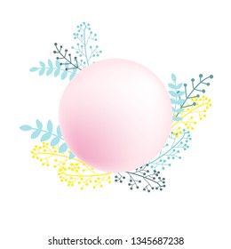 Vector template for greeting card in pastel colors with empty circle in center decorated with leaves, berries and branches on a white background.