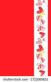 Plantilla vectorial para tarjeta de felicitación, libro de recortes, invitación de boda, banner. Patrón vertical sin fisuras de corazones empañados sobre un fondo rojo. Marco rectangular vertical con lugar para el texto.