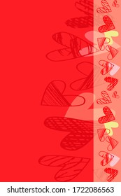 Vector template for greeting card, scrapbook, wedding invitation, banner. Vertical seamless pattern of hatched hearts on a red background. Rectangular frame with place for text.
