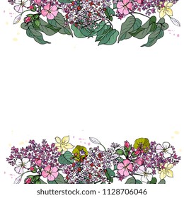 Vector template for greeting cards, posters and other with a branch of lilac, yellow and pink flowers. Vector hand drawn 