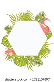 Vector template for gretting cards, wedding cards with illustration of pink flamingo bird with pink orchid flower, fan palm, fhilodendron, areca palm.