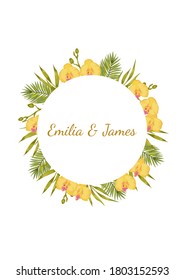 Plantilla vectorial para tarjetas de felicitación, tarjetas de boda con flor de orquídea, palma areca, hojas de bambú