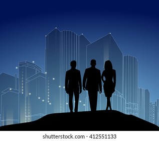 Vector template of a group of business and office people with city landscape