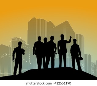 Vector template of a group of business and office people with city landscape