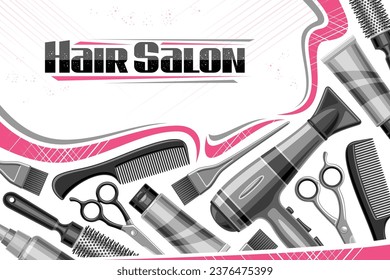 Vector template for Hair Salon with blank copy space for text, decorative ad coupon with illustration of variety hair stylist equipment, metal beauty tools for female hair salon on white background