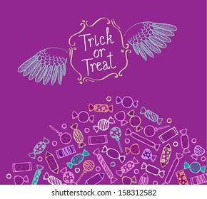 vector template for halloween card, poster or flier with big pile of candies and words "Trick or Treat" written above
