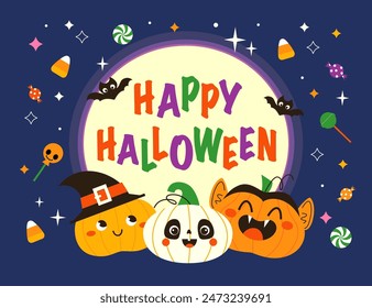 Vector template of Halloween design for packaging, paper gift candy bag, greeting card, invitation, flyer; poster, banner in flat cartoon style.