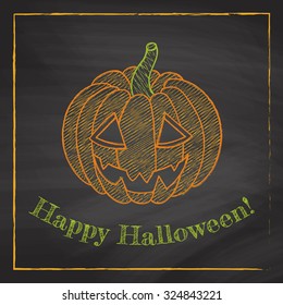 vector template of halloween greeting card with image of smiling pumpkin and chalkboard effect