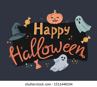 Vector template Halloween happy card or banner for print or web with various icons in line style.