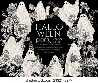 Vector template halloween invitation and different ghosts in flowers in engraving style  Ghost and book  and lamp  and bouquet  and candy   and halloween pumpkin  ghost cat
