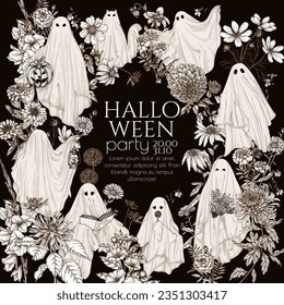 Plantilla vectorial de invitación de Halloween con diferentes fantasmas en flores de estilo grabado. Fantasma con un libro, con una lámpara, con un ramo, con un dulce, con una calabaza de halloween, un gato fantasma