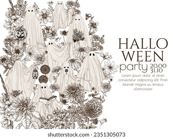 Vector template of halloween invitation with different ghosts in flowers in engraving style. Ghost with a book, with a lamp, with a bouquet, with a candy, with halloween pumpkin, ghost cat