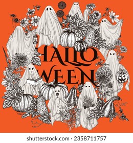 Vector template of halloween invitation with different ghosts in flowers and pumpkins in engraving style. Ghost with a book, with a lamp, with a bouquet, with a candy, with halloween pumpkin