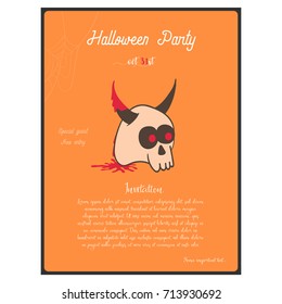Vector template of Halloween party invitation card. Concept with horned skull on the orange background.