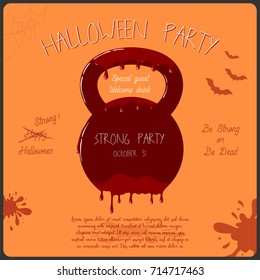 Vector template of Halloween party invitation card. Concept with bloody kettlebell on the orange background.
