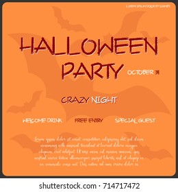 Vector template of Halloween party invitation card. Concept with bats on the orange background.