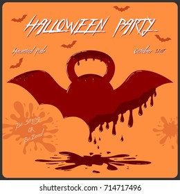 Vector template of Halloween party invitation card. Concept with bloody kettlebell with wings on the orange background.