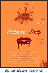 Vector template of Halloween party invitation card. Concept with bloody lips on the orange background.