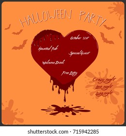 Vector template of Halloween party invitation card. Concept with bloody heart on the orange background.