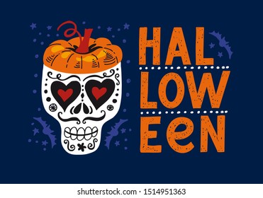 Vector template of Halloween party invitations or greeting cards with handwritten calligraphy lettering. illustration of pumpkin, skull in mexican style. Día de los Muertos. All saint's Day