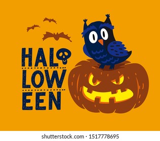 Vector template of Halloween party invitations or greeting cards with handwritten calligraphy lettering. illustration of pumpkin, bat, owl, skull. All saint's Day.