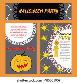 Vector template for Halloween party. Templates with candle, pumpkin, bones, stars in carton stile on gray background. Template for card, leaflet, poster, advertisement, banner, flayer, blank, booklet.