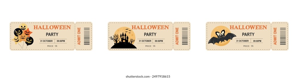 Plantilla de Vector para un boleto de fiesta de Halloween tres opciones de diseño