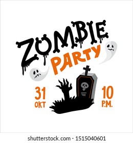 Vector template of Halloween zombie party invitations or greeting cards with handwritten calligraphy lettering. illustration of hand dead man, ghost, grave, cemetery. All saint's Day