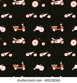 Vector template with hand drawn bicycle. Cartoon red colored transport seamless pattern for  brochures, posters, greeting cards, flyers, party invitation