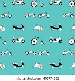 Vector template with hand drawn bicycle. Cartoon blue colored transport seamless pattern for  brochures, posters, greeting cards, flyers. 