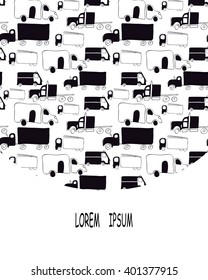 Vector template with hand drawn cars. Cartoon black and white transport pattern for  brochures, posters, greeting cards, flyers. 