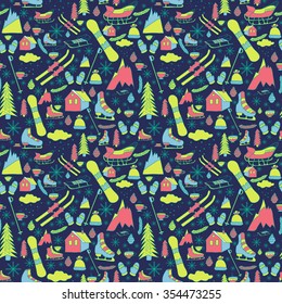 Vector template with hand drawn element. Cartoon seamless pattern for posters, brochures, greeting cards, flyers. Winter Theme.  Dark blue colored.