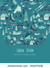 Vector template with hand drawn element. Cartoon pattern for brochures, posters, greeting cards, flyers. Winter Theme. 