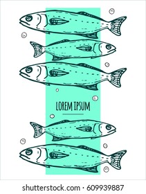 vector template with hand drawn fishes on colored background and place for text. sketch menu template