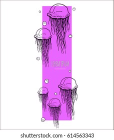 vector template with hand drawn jellyfishes on colored background and place for text. sketch menu template