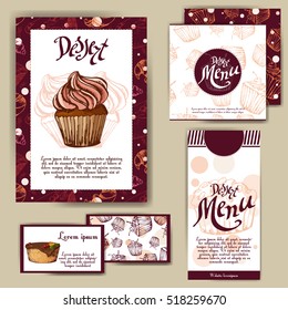 Vector template with hand drawn sketch bakery. Dessert menu design for restaurant or cafe. Cards with sweet bakery illustration.