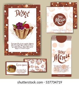 Vector template with hand drawn sketch bakery. Dessert menu design for restaurant or cafe. Cards with sweet bakery illustration.