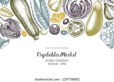 Vector template with hand sketched vegetables. Vintage veggies and spices illustrations. Healthy food drawings for vegetarian or organic menu design. Farm fresh products in engraved style.