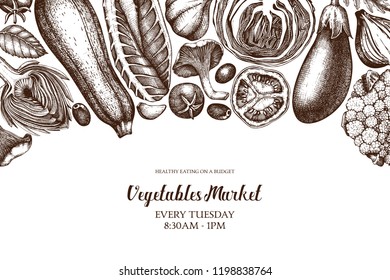 Vector template with hand sketched vegetables. Vintage veggies and spices illustrations. Healthy food drawings for vegetarian or organic menu design. Farm fresh products in engraved style.