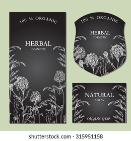 Vector template with hand-draw wild flowers and herbs. Layout, mockup design for cosmetics, store, label, natural and organic products