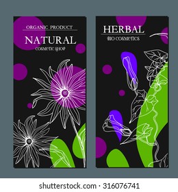 Vector template with hand-draw wild flowers and herbs. Layout/ Mockup design for beauty salon, spa, cosmetics, store, label, natural and organic products