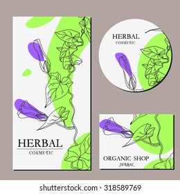 Vector template with hand-draw wild flowers and herbs. Layout/ Mockup design for beauty salon, spa, cosmetics, store, label, natural and organic products