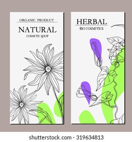 Vector template with hand-draw wild flowers and herbs. Layout/ Mockup design for beauty salon, spa, cosmetics, store, label, natural and organic products