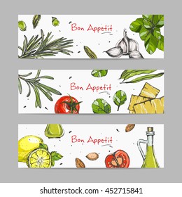 Vector template with hand-drawn graphic cards with food, colorful.